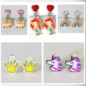 5 Pairs Kids Clip On Earrings Rainbow Unicorn Cat Crown Mermaid